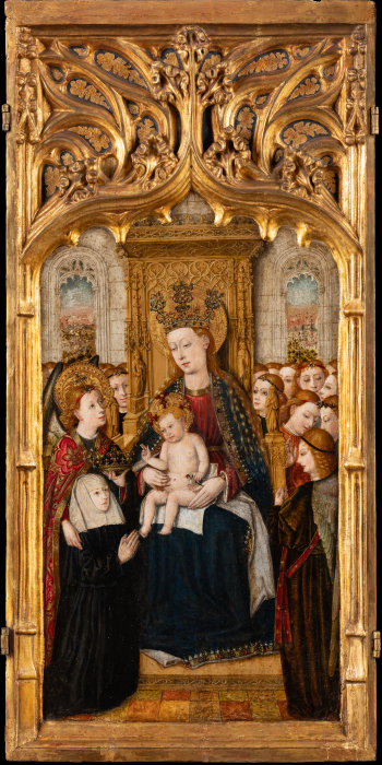 Thronende Madonna mit Kind, Engeln und Stifterin von Jacomart Baco