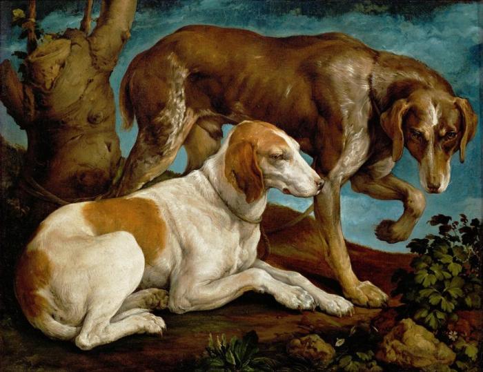 Zwei Jagdhunde, an einen Baumstumpf gebunden von Jacopo Bassano
