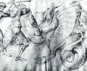 Battle between warriors and a dragon c.1450