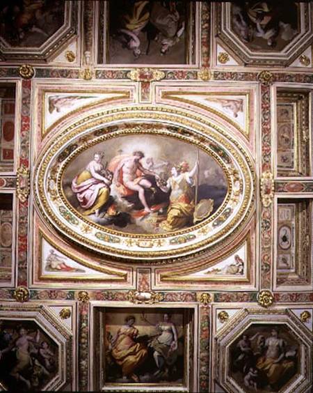 The 'Sala delle Muse' (Hall of the Muses) detail of the coffered ceiling decoration depicting Apollo von Jacopo Zucchi