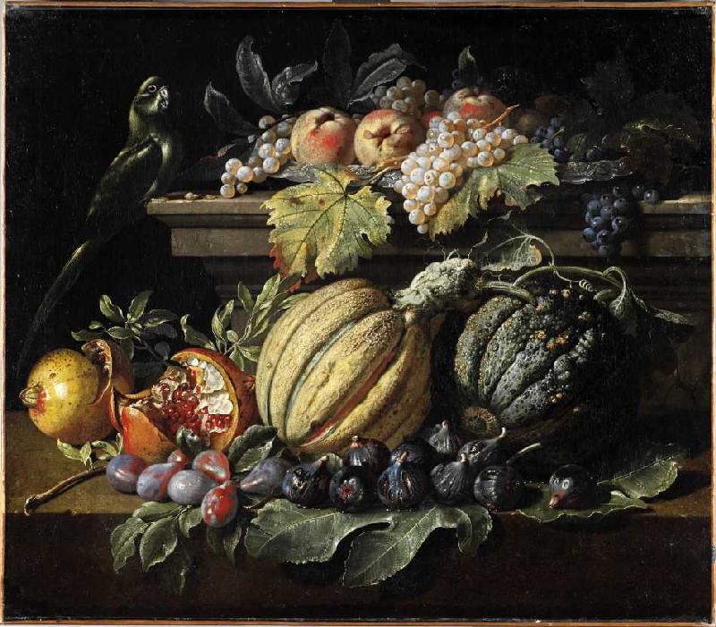 Fruchtstück mit Melonen, Weintrauben, Feigen, Granatäpfeln, Pfirsichen und einem Papagei. von Jacopo da (eigentlich Jacob van de Kerckhoven) Castello