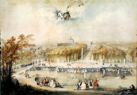 View of the Gardens and the Chateau of Versailles from the Neptune Fountain von Jacqes Andre Portail