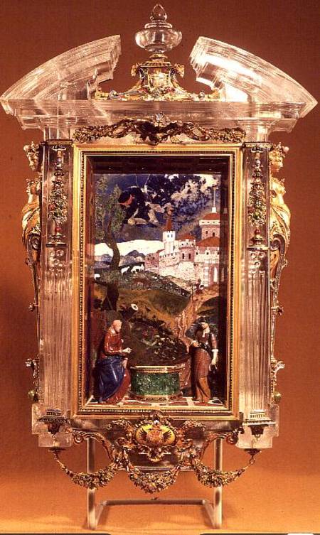 Christ and the Samaritan, pietre dure panel by Cristofano Gaffuri (d.1626), set in a rock crystal fr von Jacques Byliveldt (1550-1603) and Bernadino Gaffuri