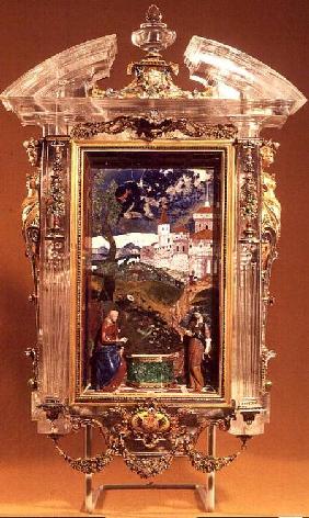 Christ and the Samaritan, pietre dure panel by Cristofano Gaffuri (d.1626), set in a rock crystal fr