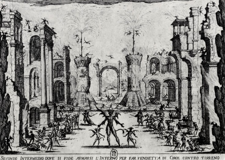 Illustration zum Theaterstück "Les intermèdes" von Andrea Salvadori (Zweites Zwischenspiel) von Jacques Callot