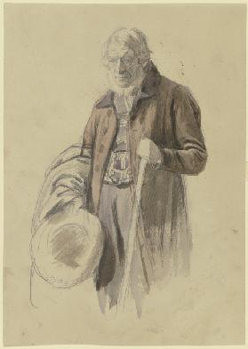 Bärtiger Mann mit abgenommenen Hut und Mantel über dem Arm, in der Linken ein Stab