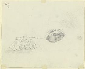 Studie eines männlichen Kopfes, daneben ein Segelschiff