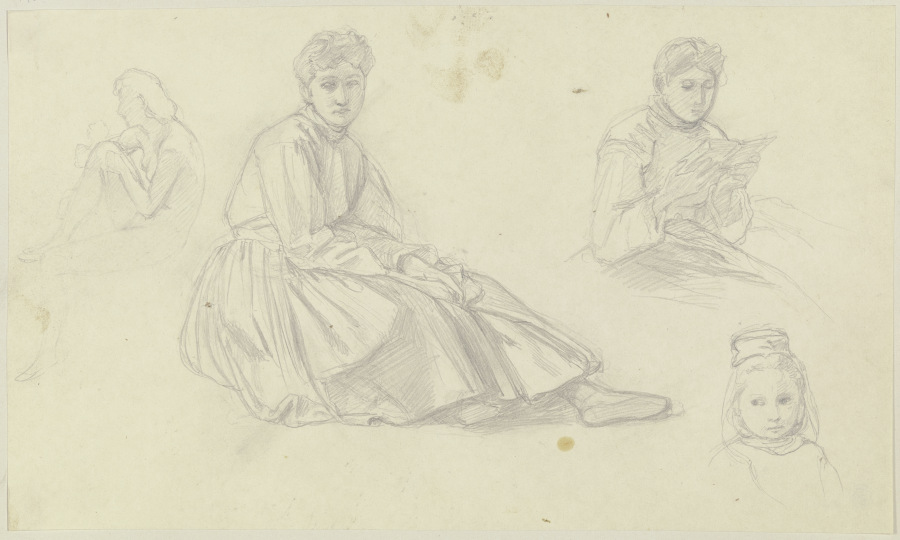 Studienblatt: Eine sitzende und eine lesende Frau, ein Kind sowie ein sitzender weiblicher Akt nach  von Jakob Becker