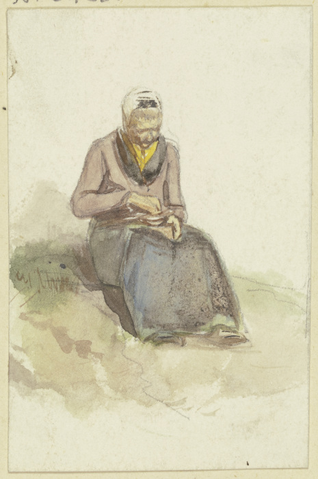 Auf einem Rasen sitzt eine alte Frau und hält eine Schale mit Milch auf dem Schoß von Jakob Furchtegott Dielmann