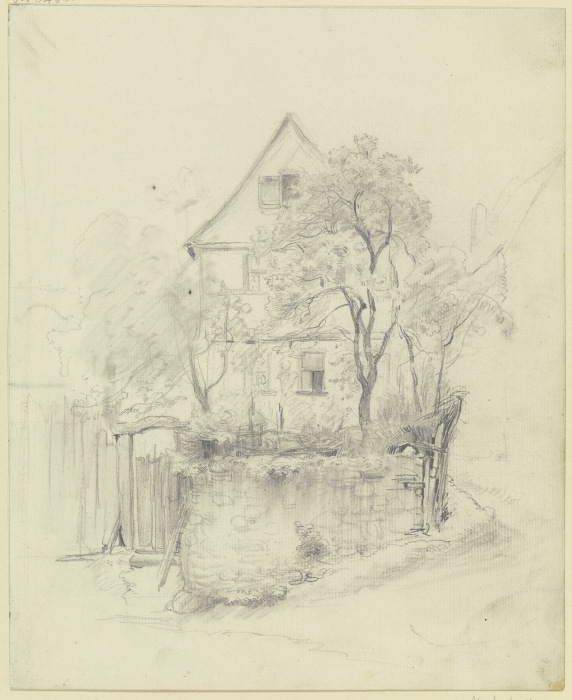 Bauernhaus auf terrassiertem Grund, auf welchem ein Baum steht, links die Tür von Jakob Furchtegott Dielmann