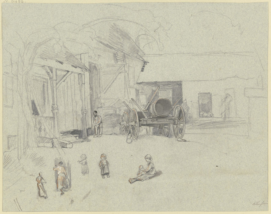 Bauernhof, links die Scheune, davor ein Wagen mit einer leeren Bütte, unten Entwürfe zu Frauen und K von Jakob Furchtegott Dielmann