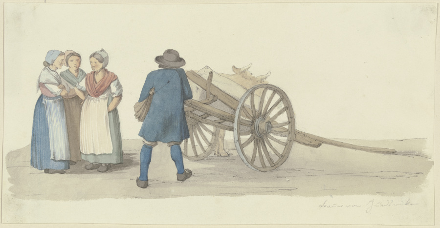Ein Bauer und drei Frauen vom Hunsrück bei einer Karre, dahinter ein Rind von Jakob Furchtegott Dielmann