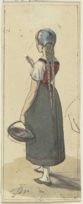 Ein Mädchen mit langen Zöpfen und einem Körbchen in Rückenansicht von Jakob Furchtegott Dielmann