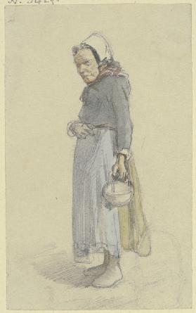 Eine alte Frau nach links gewandt, in der herabhängenden Linken ein Körbchen tragend