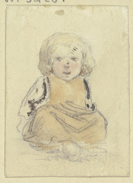 Sitzendes kleines blondes Kind in gelbem Kleidchen, von vorn von Jakob Furchtegott Dielmann