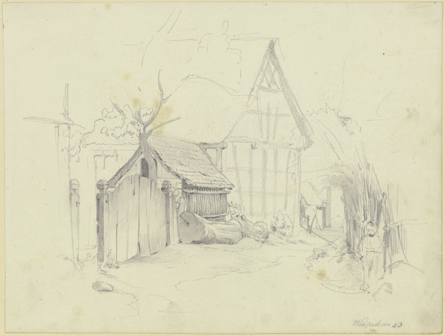 Straße im Dorf, links ein verschlossenes Holztor und eine offene Tür, rechts am Zaun eine Linde von Jakob Furchtegott Dielmann