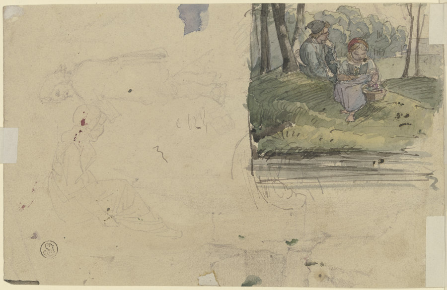 Studienblatt: Figuren und ein Mädchen mit einem Jungen im Wald sitzend von Jakob Furchtegott Dielmann