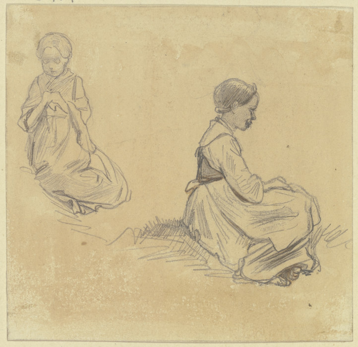Studienblatt: Sitzendes strickendes Mädchen, rechts ein anderes, die Hände in den Schoß gelegt, im P von Jakob Furchtegott Dielmann