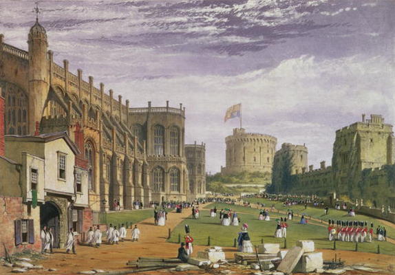 Lower Ward with a view of St George's Chapel and the Round Tower, Windsor Castle, 1838 (colour litho von James Baker Pyne