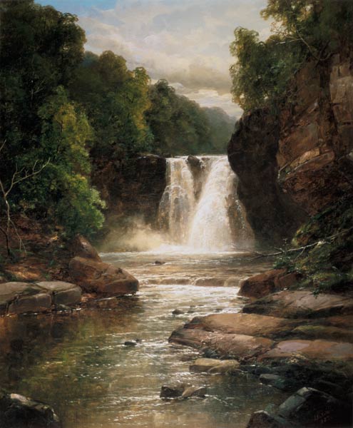 A Wooded River Landscape with Waterfall von James Burrell Smith