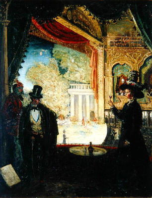 A Scene in a Theatre: A Performance Seen from a Box in which Three figures are Standing, 1908 (oil o von James Dickson Innes