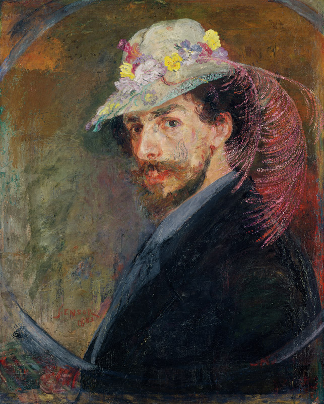 Selbstporträt in einem Hut mit Blumen, 1883 von James Ensor