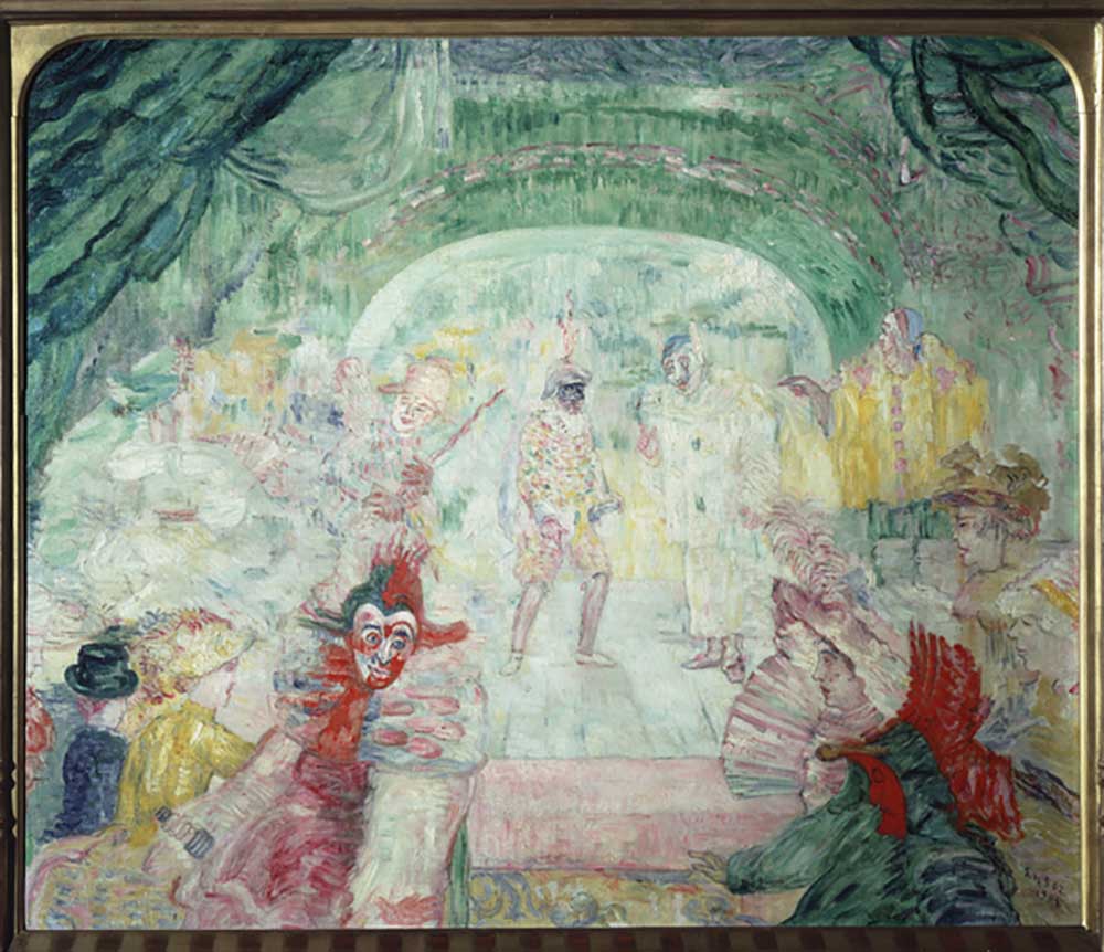 Das Theater der Masken. Gemälde von James Ensor (1860-1949). Öl auf Leinwand, 1908, Expressionismus. von James Ensor