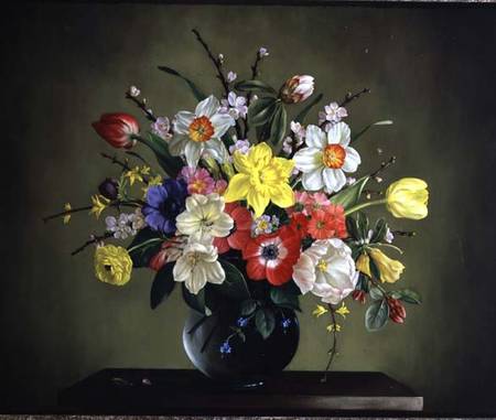 Narcissi, Anemones, Tulips, Forsythia, Rhododendron and Apple Blossom in a Glass Vase von James Noble