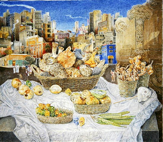 Still Life with Funghi and Cityscape, 2001 (oil on canvas)  von  James  Reeve
