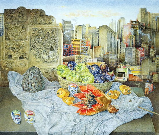 Still Life with Papaya and Cityscape, 2000 (oil on canvas)  von  James  Reeve