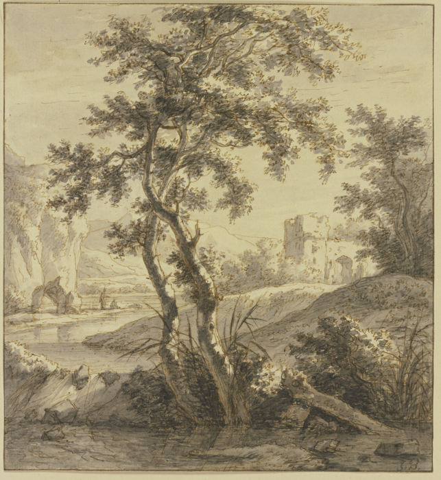 Landschaft, vorne zwei Bäume, rechts eine Ruine, links ein Wasser und Felsen von Jan Both