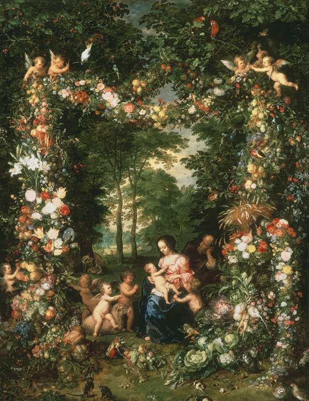 Holy Family on a garland of flowers and fruits von Jan Brueghel d. Ä.