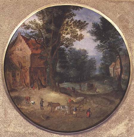 Flemish landscape with carts and figures (tondo, panel) von Jan Brueghel d. Ä.