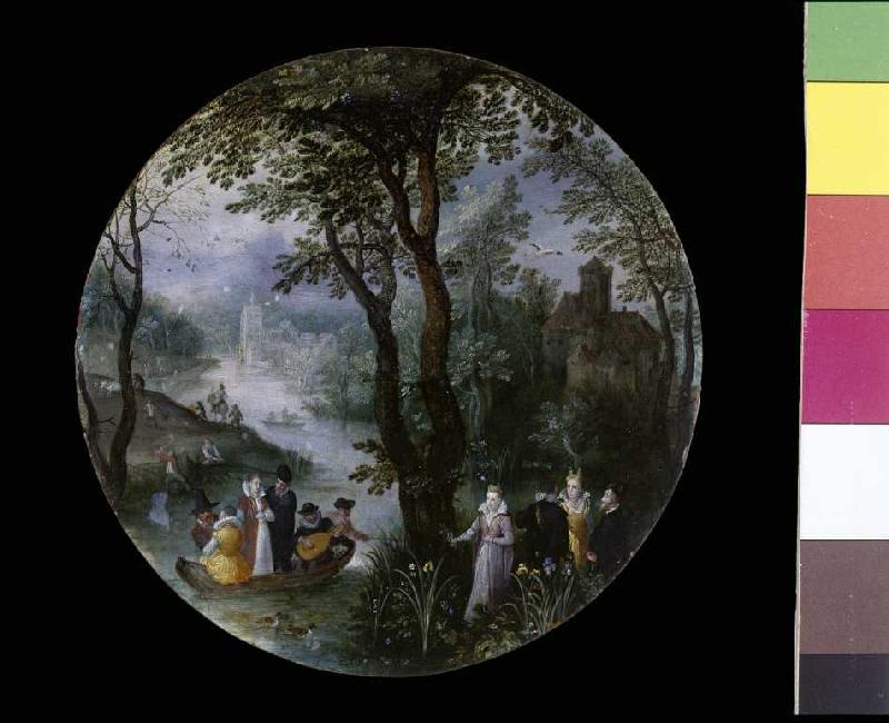 Flusslandschaft mit vornehmer Gesellschaft im Boot (Allegorie des Frühlings) von Jan Brueghel d. Ä.