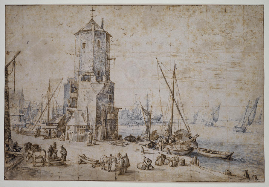 Hafenansicht mit achteckigem Turm und Segelbooten von Jan Brueghel d. Ä.