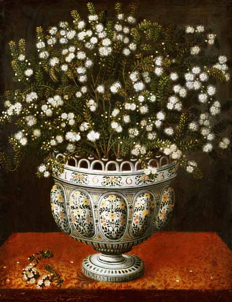 Myrtle In A Lobed-Footed Polychrome Maiolica Manises Vase On A Draped Ledge von Jan Brueghel d. Ä.