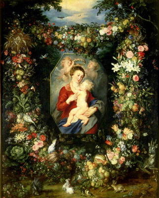 The Virgin and child in a garland of fruit and flowers, c.1614-18 (oil on panel) von Jan Brueghel d. Ä.