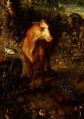 Earth or The Earthly Paradise, detail of a cow, porcupine and other animals 1607-08