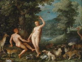 Paradieslandschaft mit der Verführung Adams durch Eva