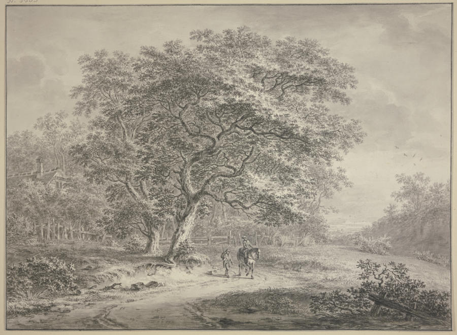 Waldesrand mit einem Zaun eingefasst, unter zwei großen Bäumen ein Reiter und ein Fußgänger von Jan Evert Grave