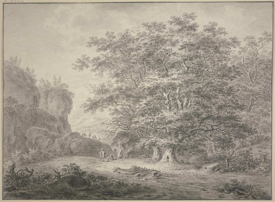 Waldpartie, links Felsen über welche zwei Maultiere mit ihren Führern kommen von Jan Evert Grave