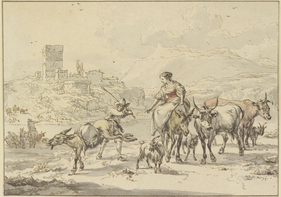 Burgruine an einem Fluß, im Vordergrund eine Hirtin auf einem Esel bei Kühen und Ziegen, ein beladen von Jan Frans Soolmaker