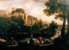 Landscape with figures by a pool with ruins in the background