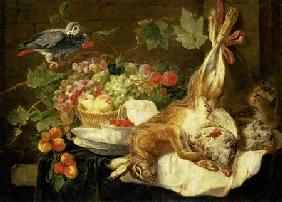Still Life with Hare, Fruit and Parrot 1647