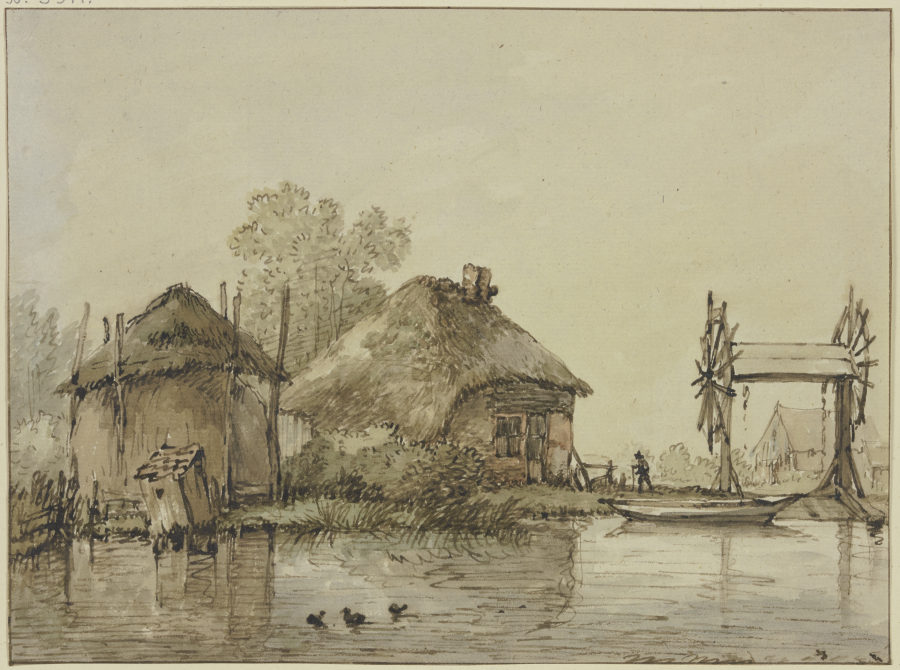 An einem Kanal ein Haus mit Scheune und eine Schleuse mit zwei Rädern von Jan Hulswit