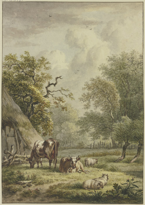 Bei einer Hütte weiden zwei Kühe und drei Schafe von Jan Hulswit