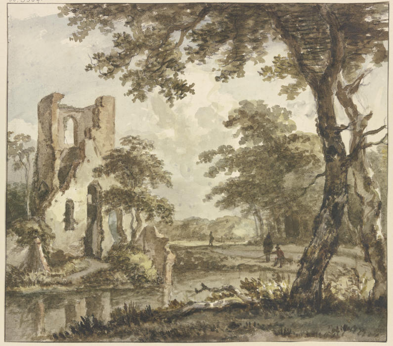 Links am Wasser eine Ruine, rechts ein Angler und zwei weitere Figuren von Jan Hulswit