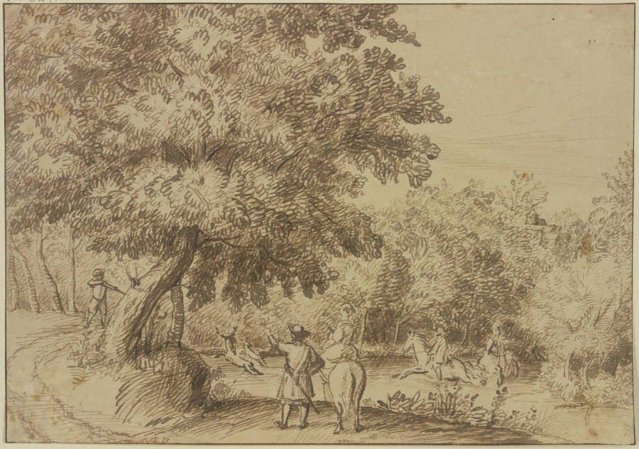 Waldpartie, zwei Reiter sprengen einen Hirsch durchs Wasser, eine Dame zu Pferde sieht zu von Jan Lievens