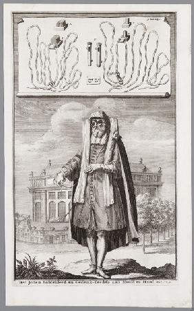 Jüdischer Mann, zum Gebet gekleidet. Mit der portugiesischen Synagoge von Amsterdam auf dem Hintergr 1700