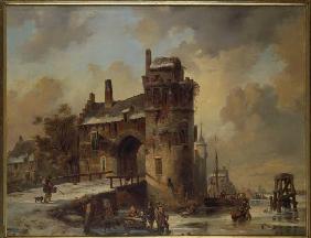 Winterliche Flußlandschaft an einem alten Stadttor 1844